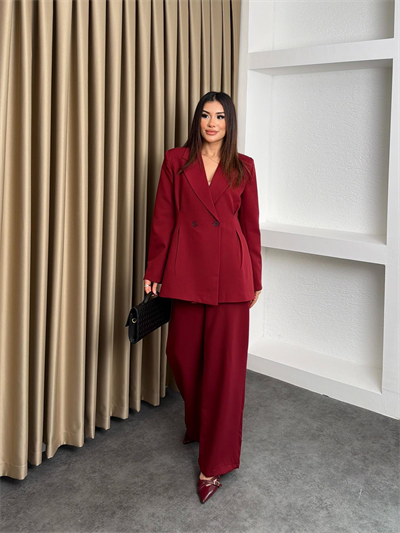 Çift Düğme Blazer Ceket Ve Pantolonlu Takım Bordo