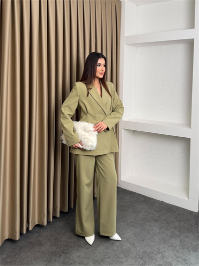 Çift Düğme Blazer Ceket Ve Pantolonlu Takım Yeşil