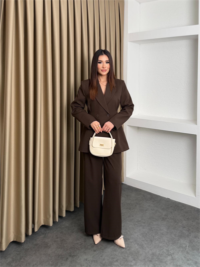 Çift Düğme Blazer Ceket Ve Pantolonlu Takım Kahve