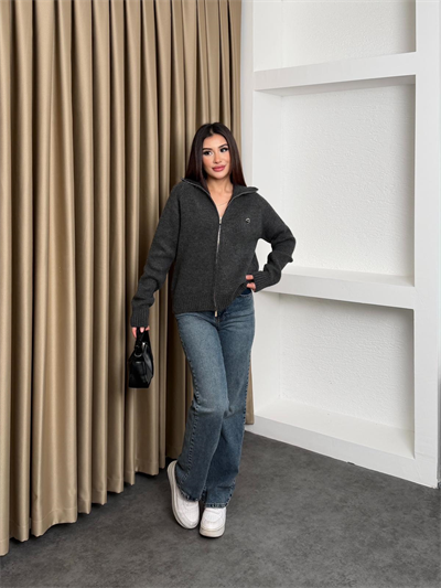 Çift Fermuarlı Triko Hırka Antrasit