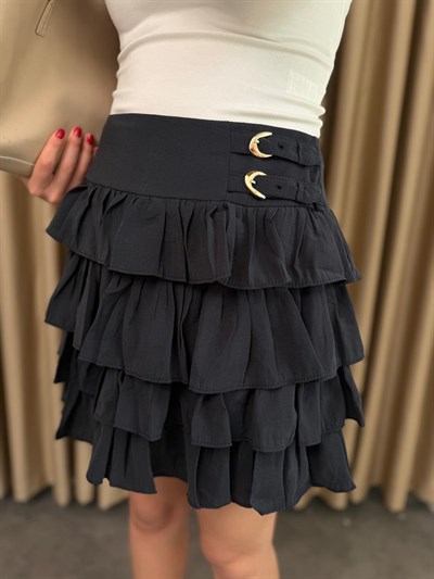 Çift Kemerli Fırfırlı Mini Etek Siyah