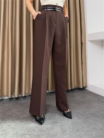 Çift Köprülü Pileli Pantolon Kahve