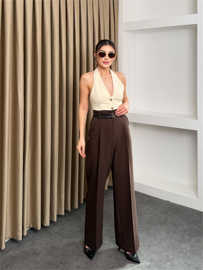 Çift Köprülü Pileli Pantolon Kahve