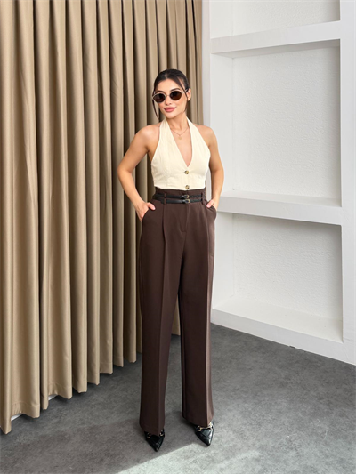 Çift Köprülü Pileli Pantolon Kahve