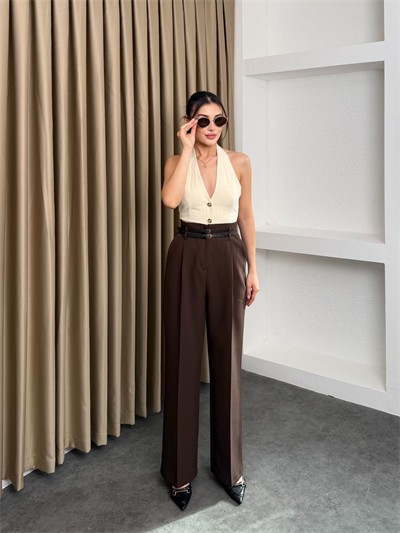 Çift Köprülü Pileli Pantolon Kahve