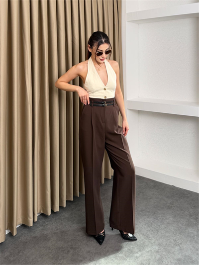 Çift Köprülü Pileli Pantolon Kahve