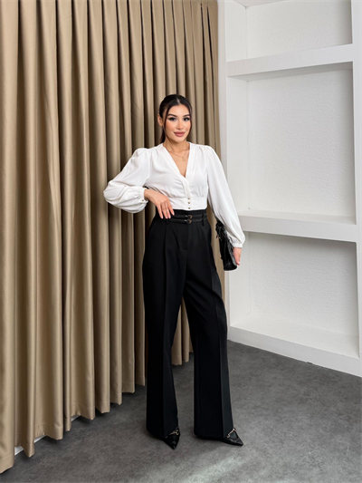 Çift Köprülü Pileli Pantolon Siyah