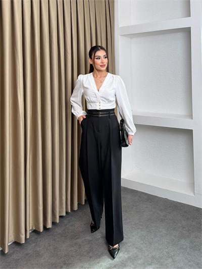 Çift Köprülü Pileli Pantolon Siyah