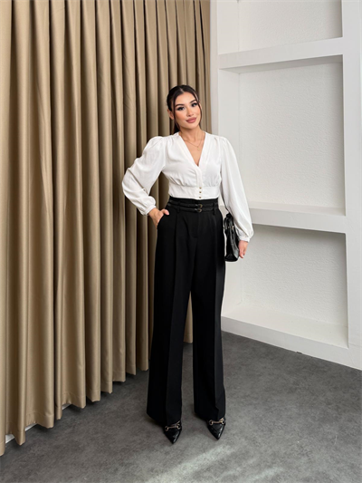 Çift Köprülü Pileli Pantolon Siyah