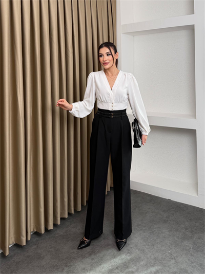 Çift Köprülü Pileli Pantolon Siyah