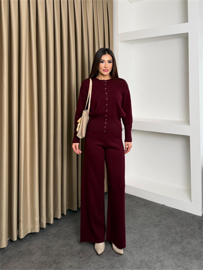 Çıtçıt Detay Hırka ve Pantolonlu Triko Takım Bordo