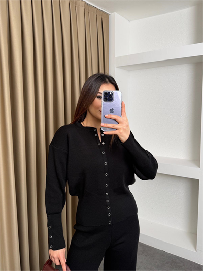 Çıtçıt Detay Hırka ve Pantolonlu Triko Takım Siyah