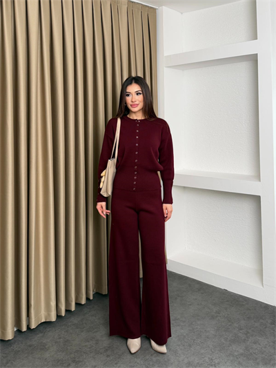 Çıtçıt Detay Hırka ve Pantolonlu Triko Takım Bordo