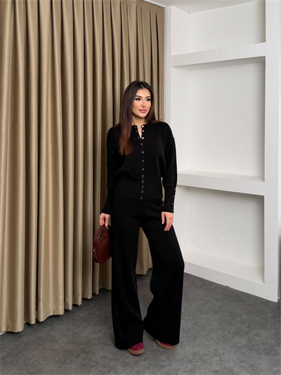 Çıtçıt Detay Hırka ve Pantolonlu Triko Takım Siyah