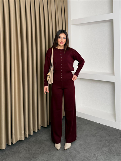 Çıtçıt Detay Hırka ve Pantolonlu Triko Takım Bordo