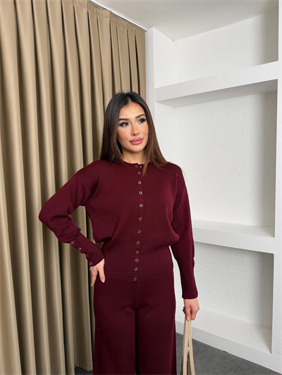 Çıtçıt Detay Hırka ve Pantolonlu Triko Takım Bordo