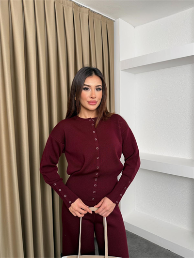 Çıtçıt Detay Hırka ve Pantolonlu Triko Takım Bordo