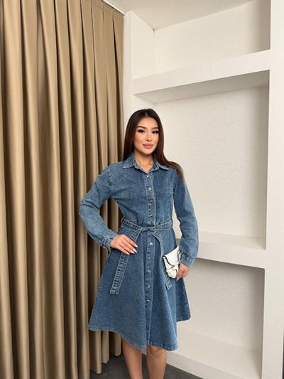 Çıtçıtlı Kuşaklı Kot Elbise