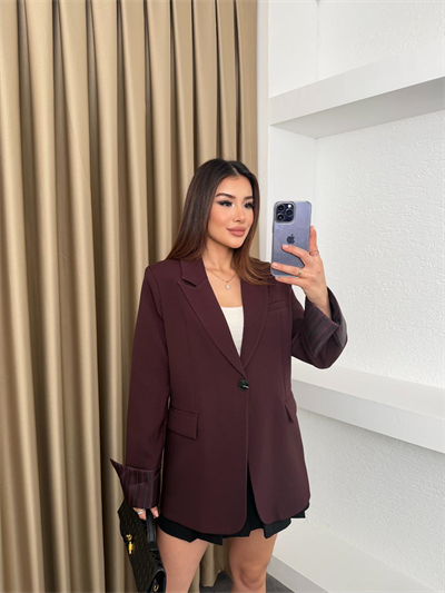 Çizgili Astar Detay Blazer Ceket Mürdüm