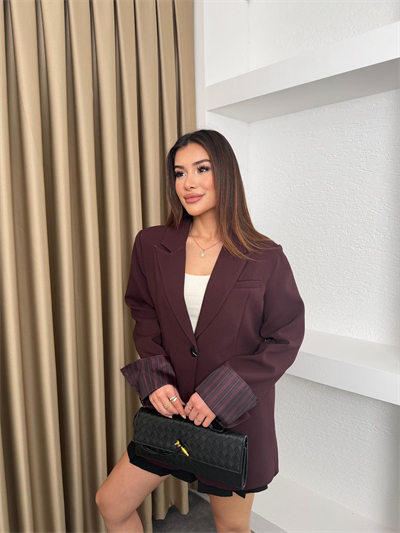 Çizgili Astar Detay Blazer Ceket Mürdüm