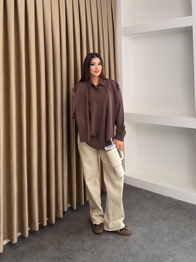 Çizgili Bağlamalı Gömlek Kahve