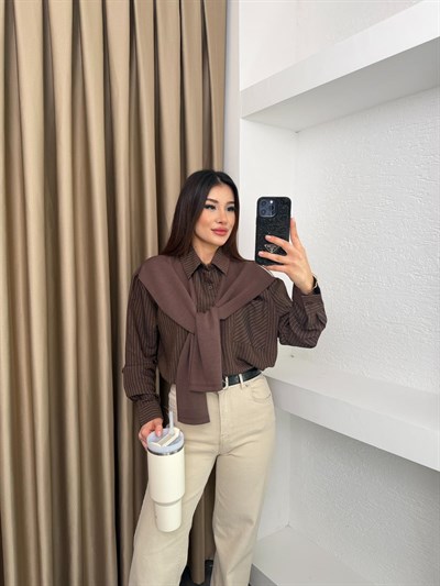 Çizgili Bağlamalı Gömlek Kahve