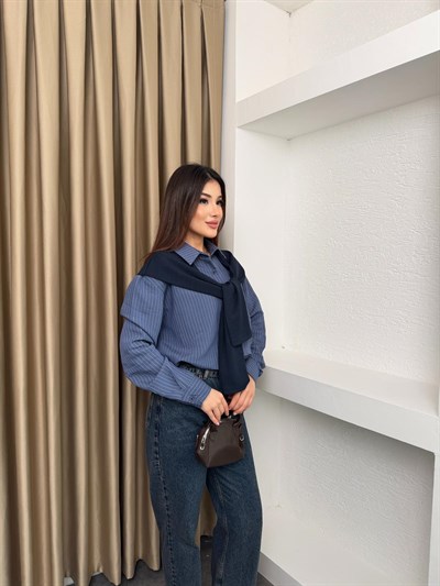 Çizgili Bağlamalı Gömlek Lacivert