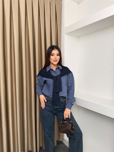 Çizgili Bağlamalı Gömlek Lacivert