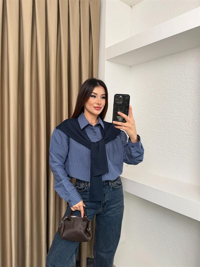 Çizgili Bağlamalı Gömlek Lacivert