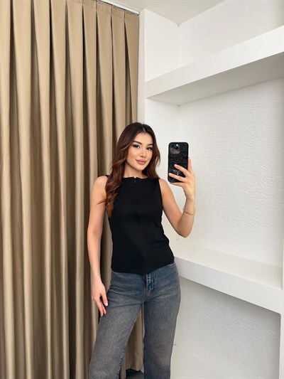 Cupra Fermuarlı Kolsuz Bluz Siyah