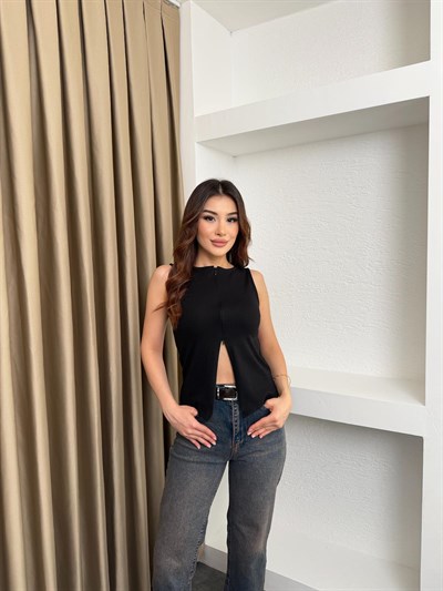Cupra Fermuarlı Kolsuz Bluz Siyah