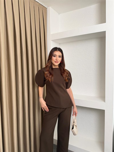 Dabıl Kumaş Kol Detay Viral Takım Kahve