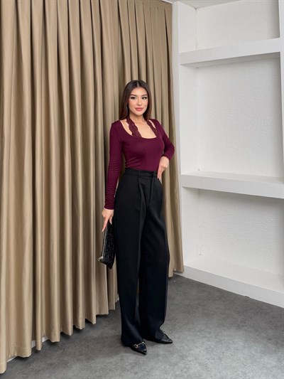 Dantel Boyundan Geçmeli Bluz Bordo