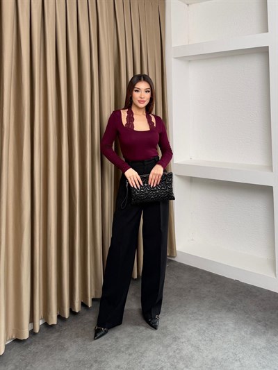 Dantel Boyundan Geçmeli Bluz Bordo