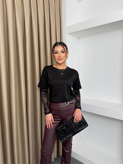 Dantel Kollu Tişört Siyah