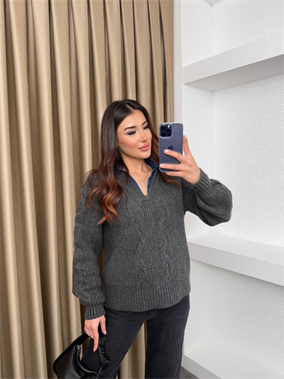 Denim Yaka Detaylı Kazak Gri