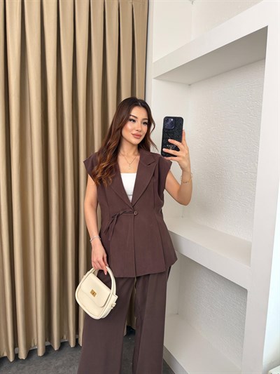 Düğme Detaylı Diagonel Takım Kahve