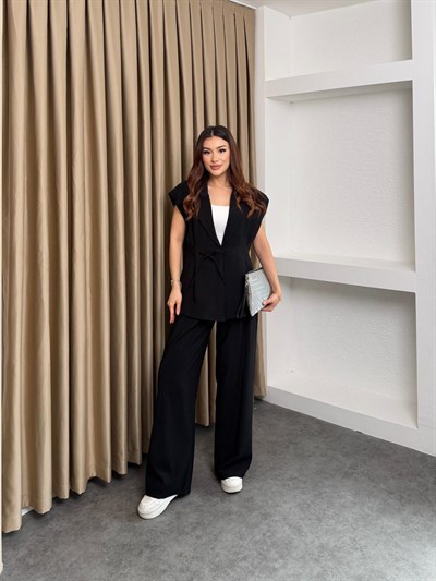 Düğme Detaylı Diagonel Takım Siyah