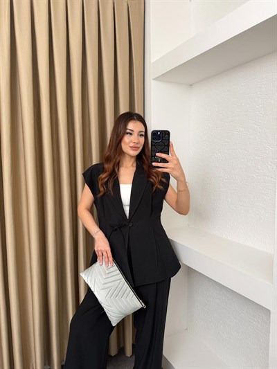 Düğme Detaylı Diagonel Takım Siyah