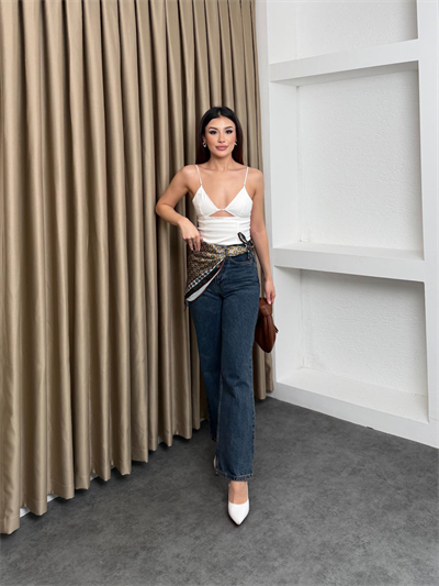 Fularlı Koyu Mavi Yüksek Bel Jean