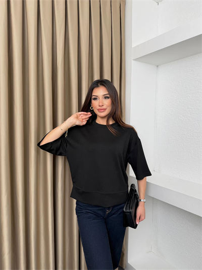 Geniş Kalıp Modal Kumaş Tişört Siyah