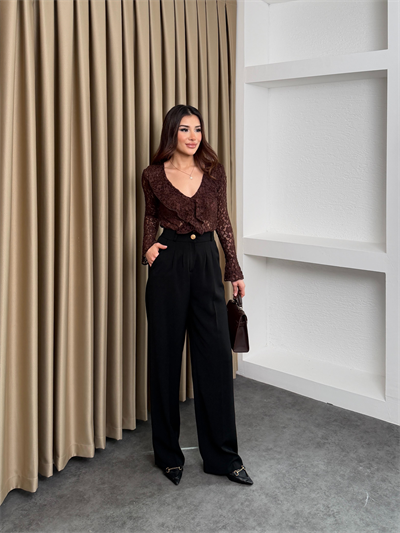 Gold Düğmeli Pile Detaylı Yüksek Bel Palazzo Pantolon Siyah