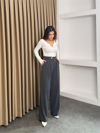 Gold Düğmeli Pile Detaylı Yüksek Bel Palazzo Pantolon Füme