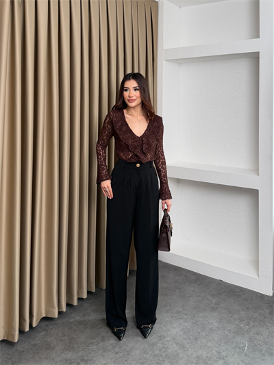 Gold Düğmeli Pile Detaylı Yüksek Bel Palazzo Pantolon Siyah