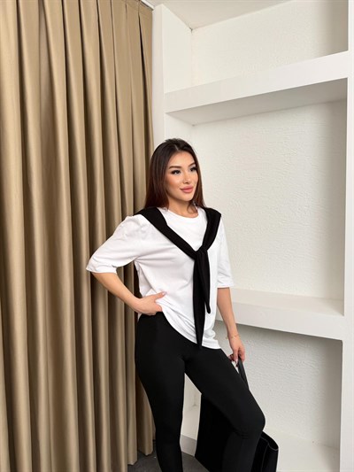 İki Renkli Bağlamalı Tişört Siyah