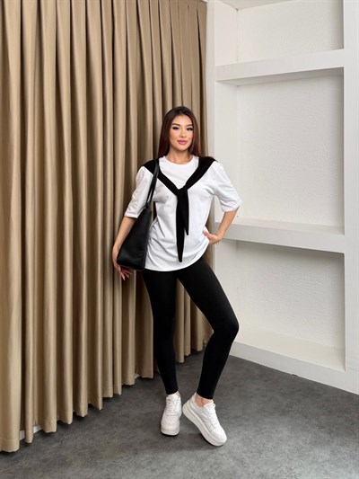 İki Renkli Bağlamalı Tişört Siyah