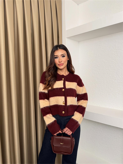 İki Renkli Şeritli Gold Düğmeli Bordo Hırka