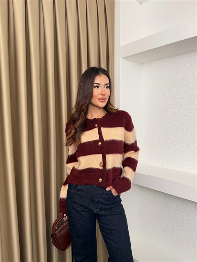 İki Renkli Şeritli Gold Düğmeli Bordo Hırka