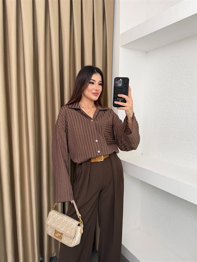 Kahverengi Çizgili Oversize Gömlek