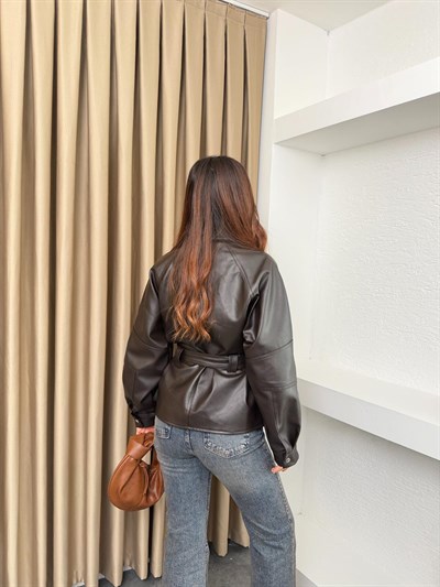 Kemerli Viral Deri Ceket Kahve